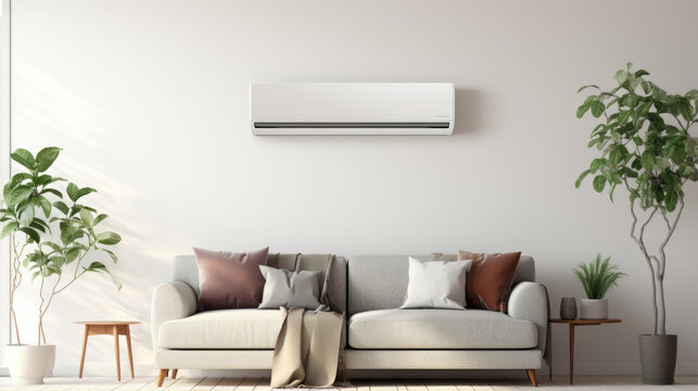 Air conditioner on white wall in modern room with stylish grey sofa