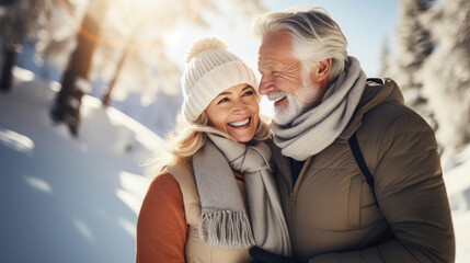 Fototapeta premium active and happy senior couple in a snow landscape in winter clothes