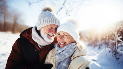 Fototapeta na wymiar active and happy senior couple in a snow landscape in winter clothes