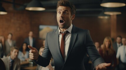 A well-dressed businessman emphatically shouting in a meeting - obrazy, fototapety, plakaty
