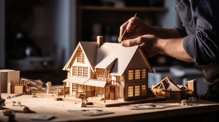 Male architect builds a model of a house or building in his office