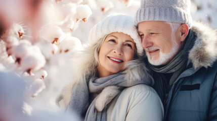 Obraz premium active and happy senior couple in a snow landscape in winter clothes