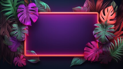 Background with realistic leaves with neon frame theme