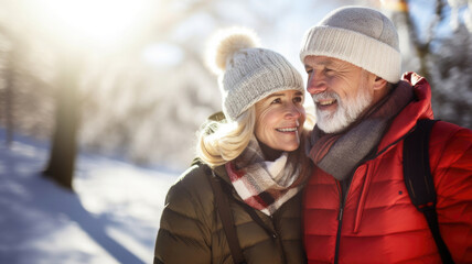 active and happy senior couple in a snow landscape in winter clothes