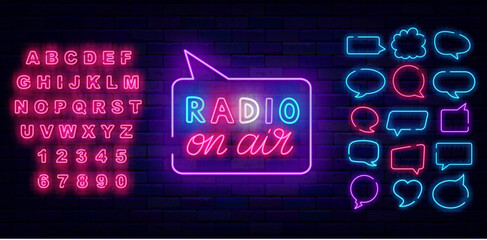 Radio on air neon sign. Streaming label. Think cloud frames collection. Online streaming concept. Vector illustration