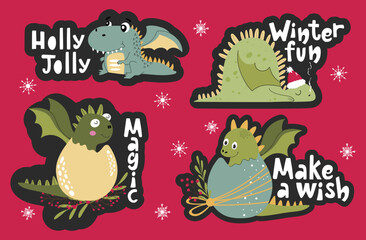 Christmas sticker set with four hand drawn cute dragons and short Christmas phrases. 