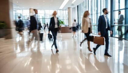 Fototapeta na wymiar Long exposure shot of fast moving business people in bright office lobby with blurry trail