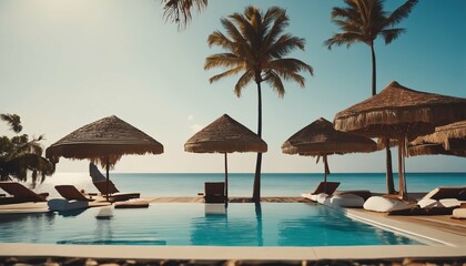 Fototapeta premium Luxurious swimming pool with loungers umbrellas near beach and sea under blue sky with palm trees