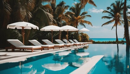 Fototapeta premium Luxurious swimming pool with loungers umbrellas near beach and sea under blue sky with palm trees