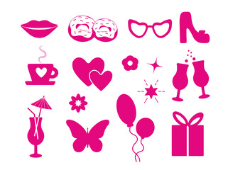 Glamorous fashion set of pink stickers. Cute stickers, objects isolated on a white background. lips, flower, shoe, star, glass, logo, food: a collection in a minimalist style. for print, social. png