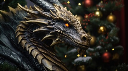 A mystical dragon illuminated by the glow of a Christmas tree, blending fantasy and holiday enchantment