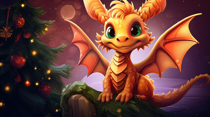 Illustration of a comical dragon, spreading joy amidst a Christmas tree