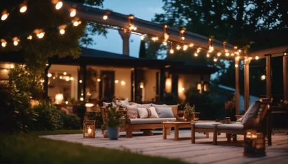 Foto op Aluminium Beautiful suburban house patio in summer evening with garden lights © ibreakstock