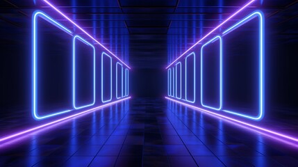 Fototapeta premium Blue and purple neon tube lights in the empty dark room 3d rendering illustration background