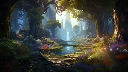 Describe the process of creating an amazing landscape in a fantasy game, featuring magical realms, enchanted forests
