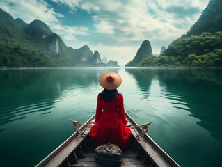 Realistic, young Asian woman, wearing traditional costume rowing boats. forward in the vast lake...