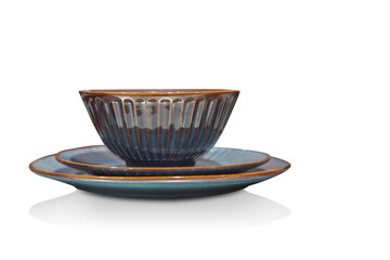 brown and blue ceramic cups stacked on brown and blue ceramic plates, placed on a white background, object, kitchen, retro, fashion, accesorries, keep, put, food, copy space