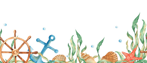 Horizontal watercolor sea, marine seamless border pattern. Nautical anchor, wooden steering wheel, red starfish, seaweeds, seashells, water bubbles. Hand drawn illustration. Can be used for fabric - obrazy, fototapety, plakaty