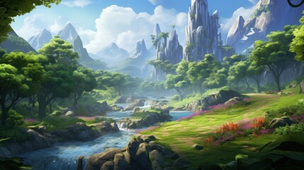 Describe the process of creating an amazing landscape in a fantasy game, featuring magical realms, enchanted forests - obrazy, fototapety, plakaty