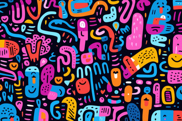 Tagging quirky doodle pattern, wallpaper, background, cartoon, vector, whimsical Illustration