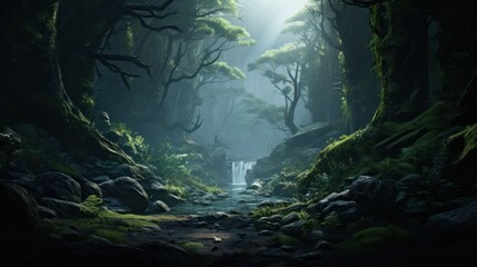 Obraz premium Describe the process of creating an amazing landscape in a fantasy game, featuring magical realms, enchanted forests