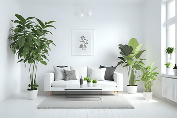 White empty space with plants. Living room interior. Scandinavian interior design. 3d illustration