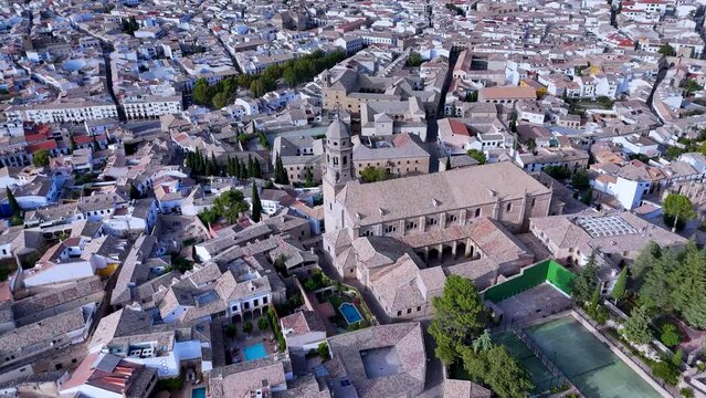 Baeza Cathedral. Guadalimar Greenway. Aerial view from a drone. Via Verdes de Jaen. Baeza. Province of Jaen. Andalusia. Spain. Europe