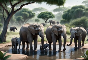 illustration of elephant in the forest illustration of elephant in the forest african elephants on the lake - Powered by Adobe