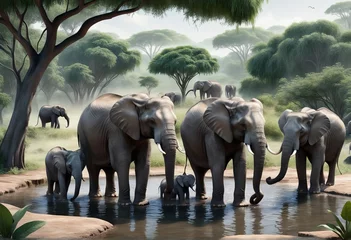 Foto op Aluminium illustration of elephant in the forest illustration of elephant in the forest african elephants on the lake © Shubham