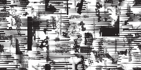 Glitch distorted grungy abstract forms . Halftone dots seamless pattern texture. Grange shapes .Grunge textured . Vector shapes with half tone dots .Screen print endless pattern texture