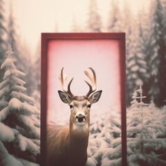 Reindeer looking through a big wooden frame in the middle of a forest with snowy pine trees. Season greetings concept. Generative AI