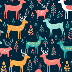 Reindeer quirky doodle pattern, background, cartoon, vector, whimsical Illustration