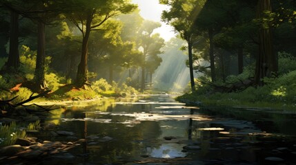 Obraz premium Depict a game art scene of a secluded forest, with serene lakes, and dappled sunlight
