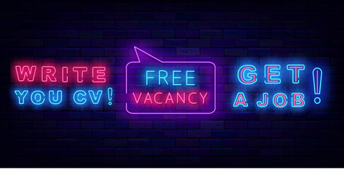 Free vacancy neon signs collection. Write your cv and get a job. Job searching design. Vector stock illustration