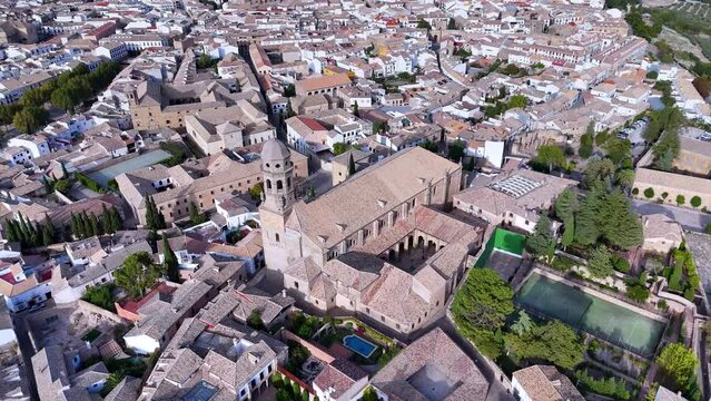 Baeza Cathedral. Guadalimar Greenway. Aerial view from a drone. Via Verdes de Jaen. Baeza. Province of Jaen. Andalusia. Spain. Europe