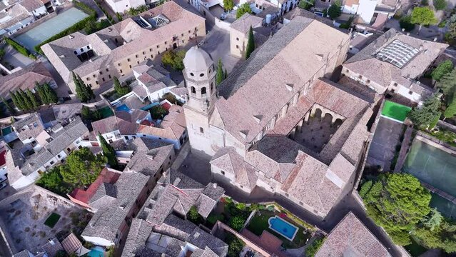Baeza Cathedral. Guadalimar Greenway. Aerial view from a drone. Via Verdes de Jaen. Baeza. Province of Jaen. Andalusia. Spain. Europe