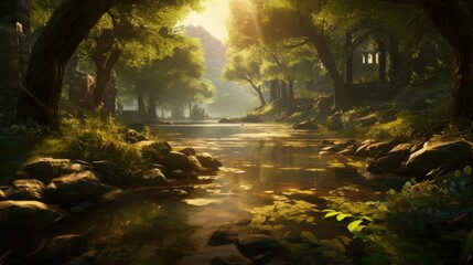 Depict a game art scene of a secluded forest, with serene lakes, and dappled sunlight