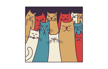 A family of colorful cats sits tightly huddled together. Family photo of animals. Flat vector illustration with outline.