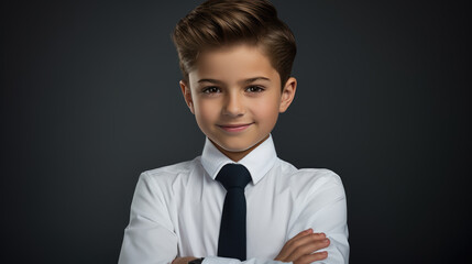 Boy in white shirt and tie on dark gray background.