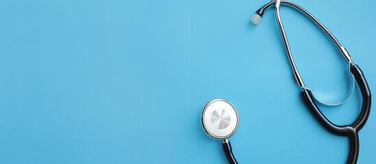Banner. Annual check - up with a doctor. Copy space. Place for text. Layout for design. Flay lay. Top view. Stethoscope, red heart and pills on a blue background. Health care. Cardiology. - obrazy, fototapety, plakaty