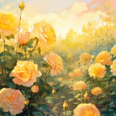 The colorful yellow rose garden glows under the sunset sunlight