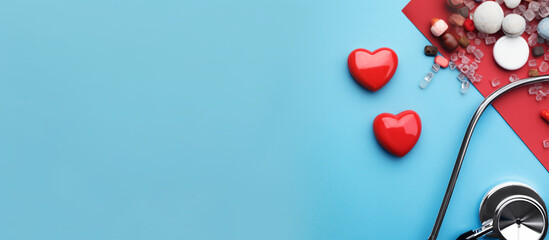 Banner. Annual check - up with a doctor. Copy space. Place for text. Layout for design. Flay lay. Top view. Stethoscope, red heart and pills on a blue background. Health care. Cardiology. - obrazy, fototapety, plakaty