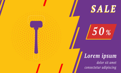 Sale promotion banner with place for your text. On the left is the mallet symbol. Promotional text with discount percentage on the right side. Vector illustration on yellow background