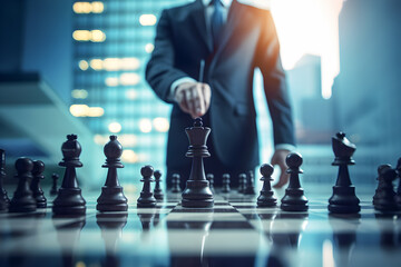 Businessman in business clothes approaching a game of chess. Focus on the reflective chess pieces in the foreground. In the background, blurred office buildings. Business strategy and tactic. - obrazy, fototapety, plakaty