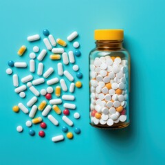 Multi-colored tablets and capsules in a glass bottle and on a blue background. View from above