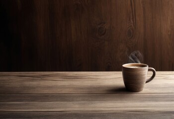 Coffee cup on a wooden table with the texture and grain of the surrounding wood. Dark brown wall background made of wood.Copy space for text, advertising, message, logo