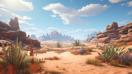 Open world landscape art in a desert landscape, with shifting dunes, desert flora, and the allure of an arid expanse