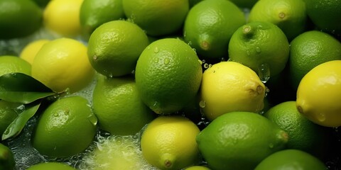 Background of arrangement of fresh green lemon. Generative AI