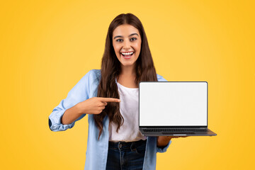 Shocked glad european teen student lady point finger on laptop - obrazy, fototapety, plakaty