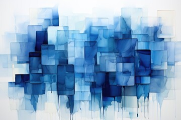 A painting of blue squares on a white wall.